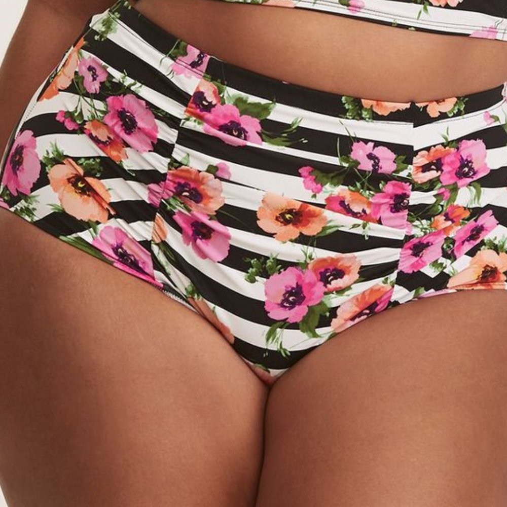 Torrid Black & White Striped Floral Bikini Bottoms